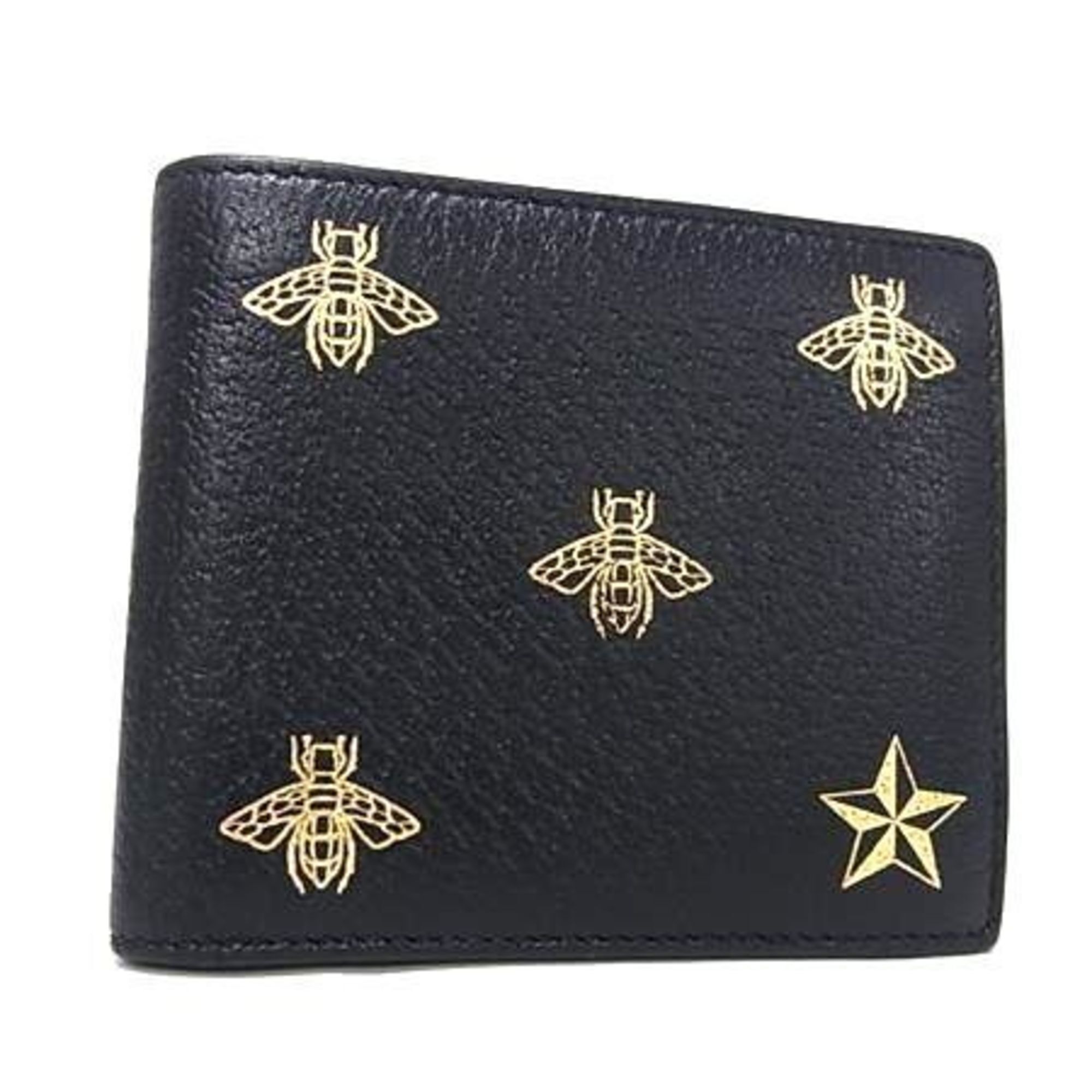 Gucci Men's Black And Gold Leather Bee Bifold Wallet 495053